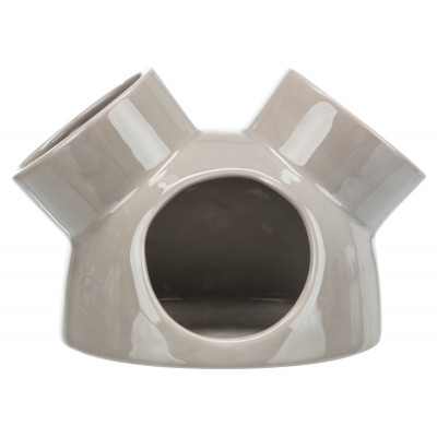 Domek dla myszy, szarobrązowy, ceramiczny,  o 16 × 12 cm, z 3 wejściami