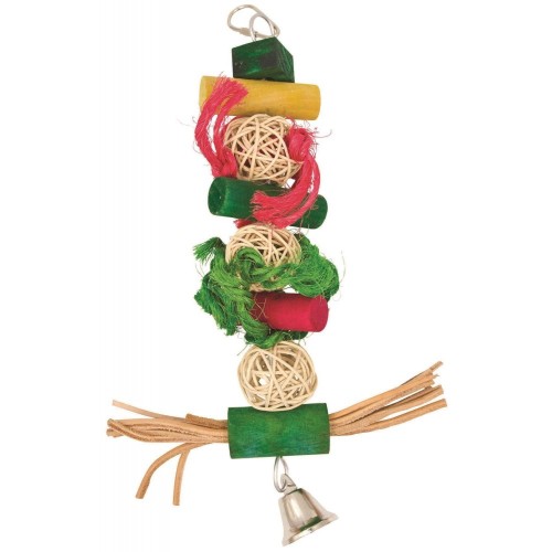 Panama Pet wisząca zabawka z kolorowymi kulkami wiklinowymi, drewnianymi klockami, skórzanymi paskami i dzwonkiem 28 cm